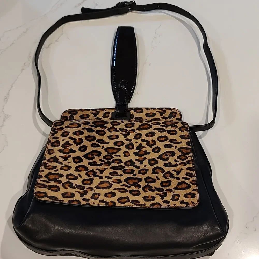 Worth New York Black Leather Calf Hair Shoulder Bag Patent Wristlet Handle